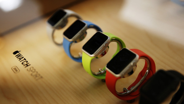 A display case containing the Apple Watch Sport at the company's flagship store in San Francisco, on June 17, 2015.